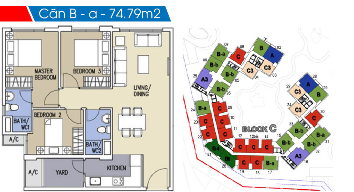 Mặt bằng chi tiết khu Ruby Precinct Celadon City thiet ke 3 phong ngu can b a 74m2 block c ruby celadon city