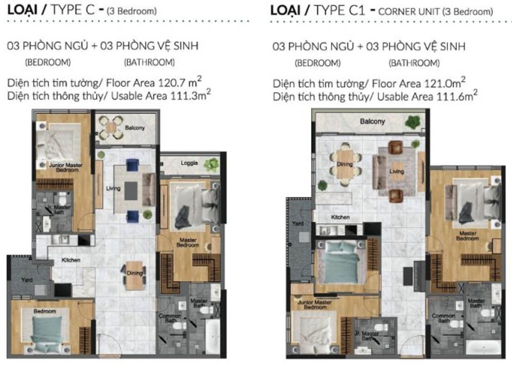 thiet ke can c 3 phong ngu diamond centery dien tich 120m2